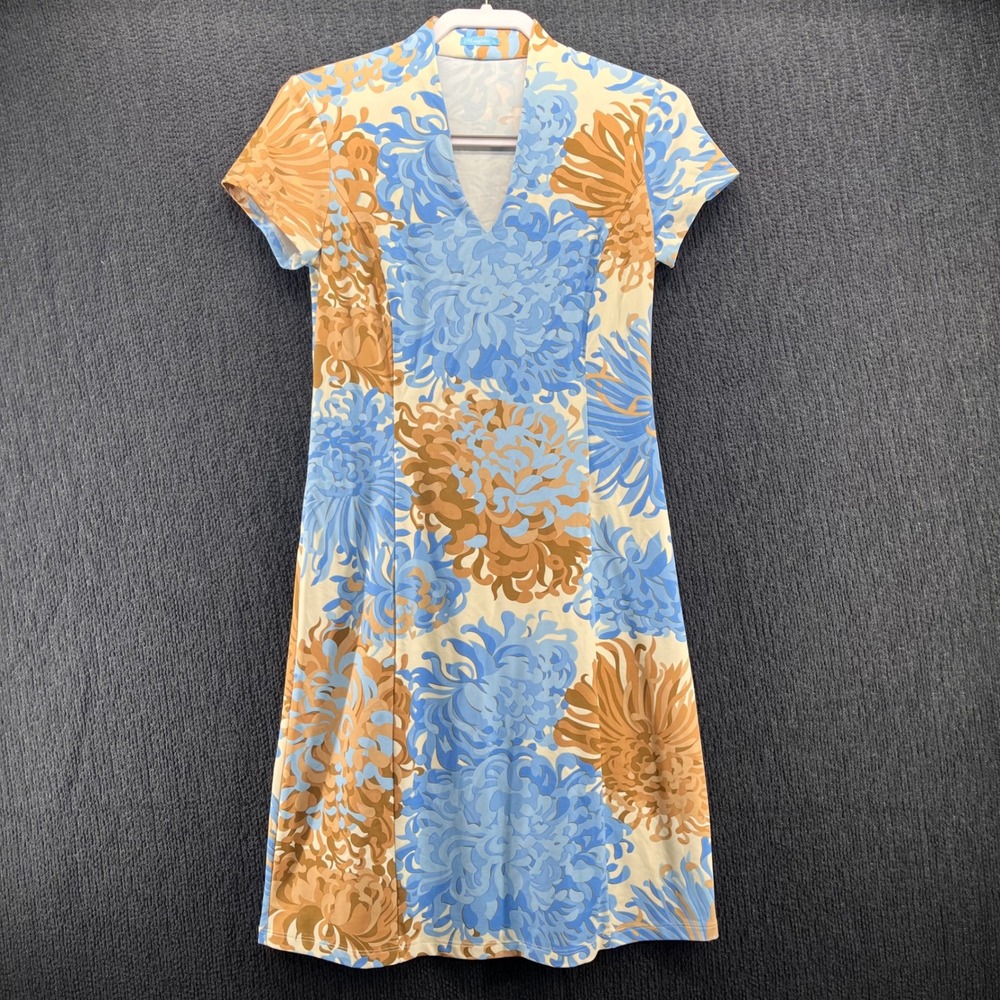 J.McLaughlin Blue Tan Floral Chrysanthemum‎ V-Neck Sheath Dress Small